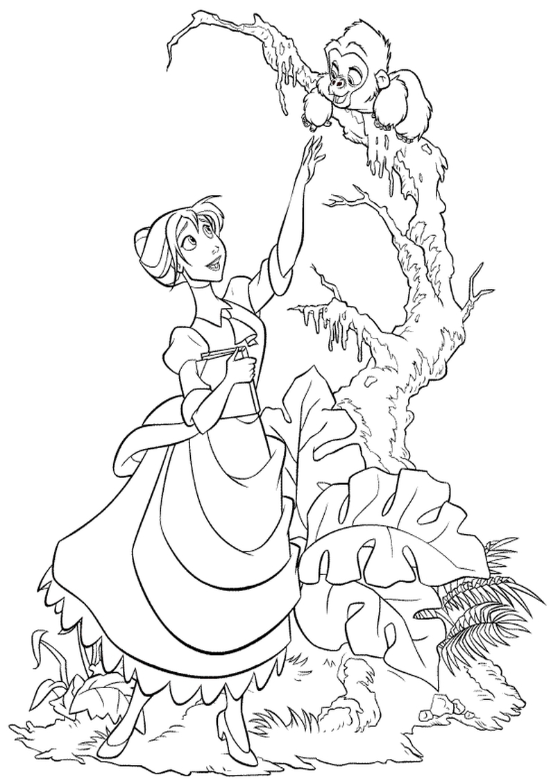 dla dzieci kolorowanki Tarzan Disney, obrazek z Jane stojącą przy drzewie, malowanka do wydruku i pokolorowania numer 54